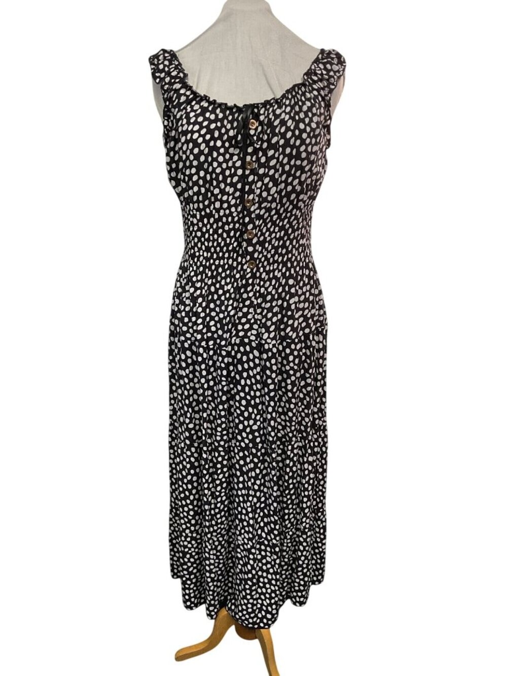 Black & White Polka Dot Maxi Dress Off Shoulder & Button Detail By OSTOO  Size L